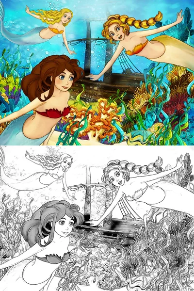 The ocean and the mermaids - coloring page — Stock Photo, Image