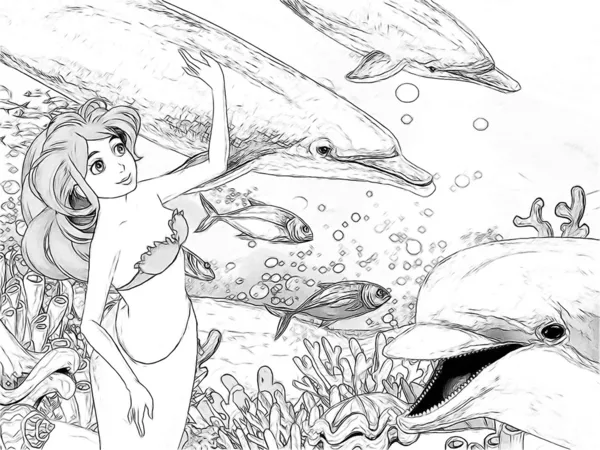 海と人魚 - のページを着色 — ストック写真