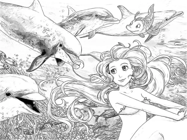 Der Ozean und die Meerjungfrauen - Malvorlage — Stockfoto