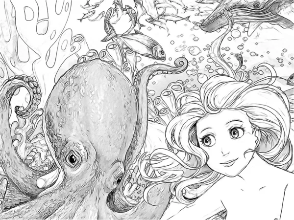 The ocean and the mermaids - coloring page — Stock Photo, Image