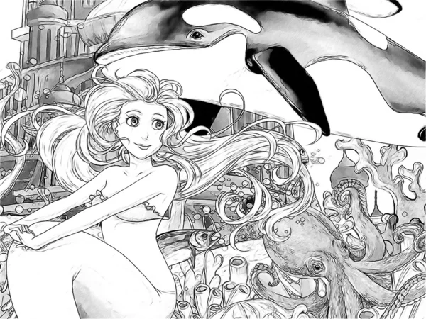 The ocean and the mermaids - coloring page — Stock Photo, Image