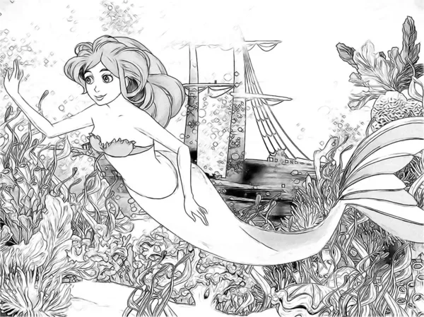 The ocean and the mermaids - coloring page — Stock Photo, Image