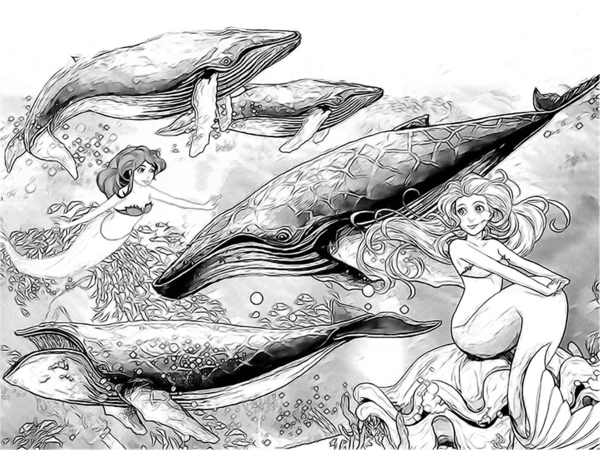 The ocean and the mermaids - coloring page — Stock Photo, Image