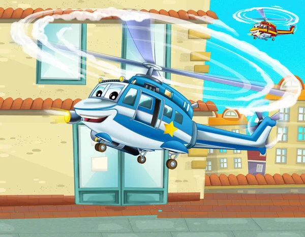 飛行機のヘリコプターが街を飛んでいる漫画の幸せなシーン 子供のためのイラスト — ストック写真