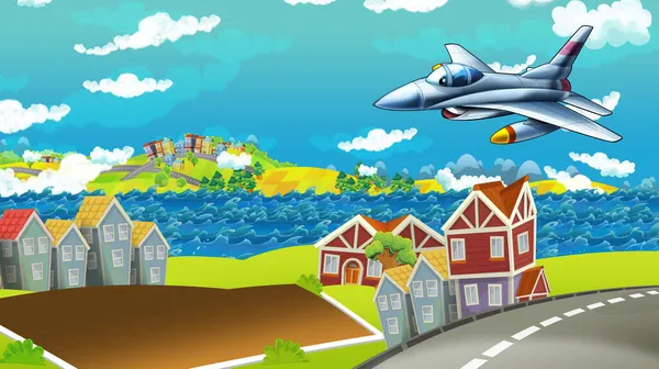 Desenho Animado Cena Feliz Com Helicóptero Avião Voando Cidade Ilustração — Fotografia de Stock