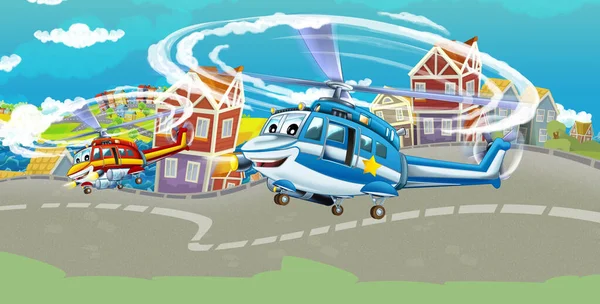 Мультяшна Щаслива Сцена Літаючим Вертольотом Летить Місті Ілюстрація Дітей — стокове фото