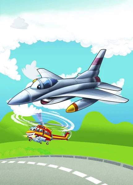 Cartoon Happy Scene Plane Helicopter Flying City Illustration Children — Stock Photo, Image