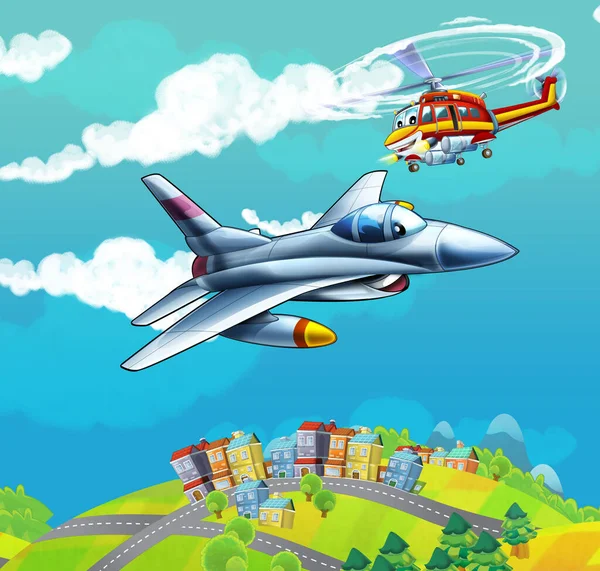 Dibujos Animados Escena Feliz Con Helicóptero Avión Volando Ciudad Ilustración —  Fotos de Stock