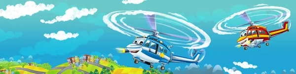 Cartoon Glückliche Szene Mit Flugzeug Hubschrauber Fliegen Der Stadt Illustration — Stockfoto