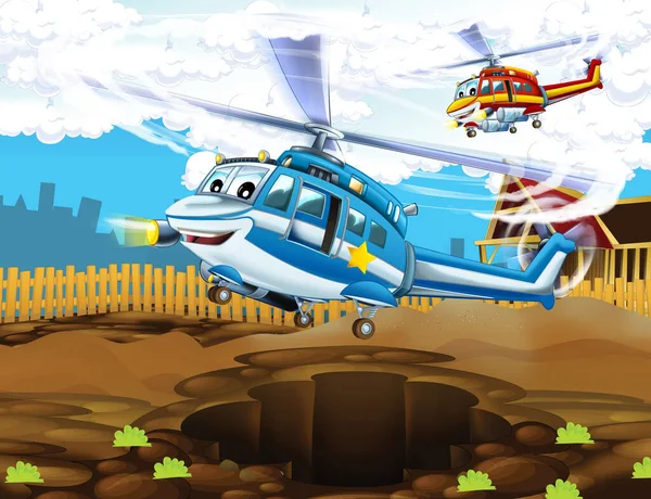 Cartoon Happy Scene Plane Helicopter Flying City Illustration Children — Stock Photo, Image