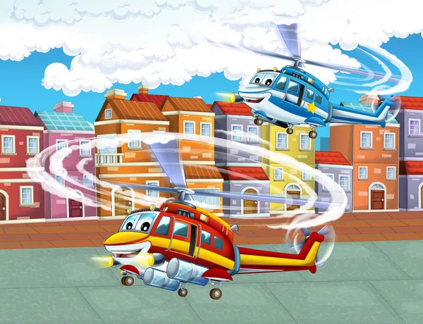 Cartoon Glückliche Szene Mit Flugzeug Hubschrauber Fliegen Der Stadt Illustration — Stockfoto