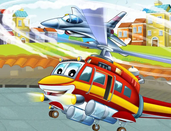 卡通片中的快乐场景 城市中的飞机直升机飞行 儿童图解 — 图库照片