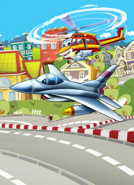 cartoon happy scene with plane helicopter flying in the city - illustration for children