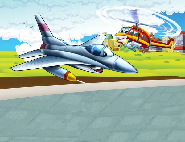 Cartoon Happy Scene Met Vliegtuig Helikopter Vliegen Stad Illustratie Voor — Stockfoto