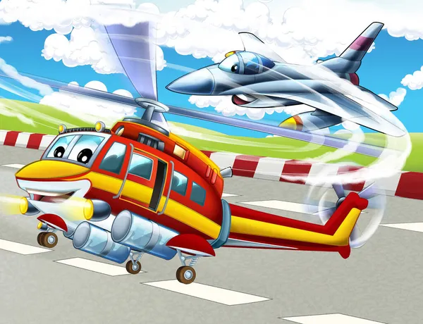 Cartone Animato Scena Felice Con Elicottero Aereo Che Vola Città — Foto Stock