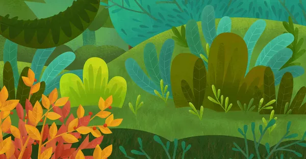 Zeichentrickszene Sommerwald Mit Niemandem Auf Der Bühne Illustration Für Kinder — Stockfoto