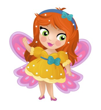 Mutlu Elf Prensesi 'nin beyaz arkaplanda çocuklar için çizdiği karikatür sahnesi.