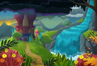 Çocuklar için doğa ormanı ve kale çizimleri olan karikatür sahnesi