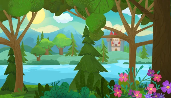Scène Dessin Animé Avec Forêt Naturelle Illustration Château Pour Enfants — Photo