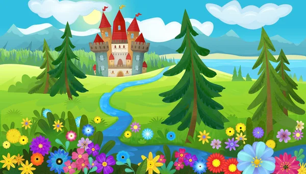 cartoon scene with nature forest and castle illustration for children