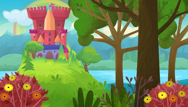 Cartoon Scene Nature Forest Castle Illustration Children — Stock Photo, Image