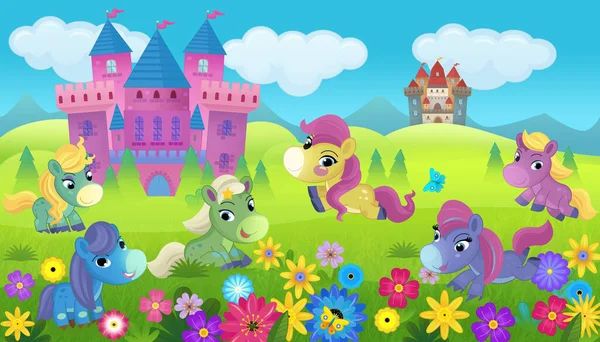 Cartoon Szene Wald Mit Ponypferden Burgillustration Für Kinder — Stockfoto