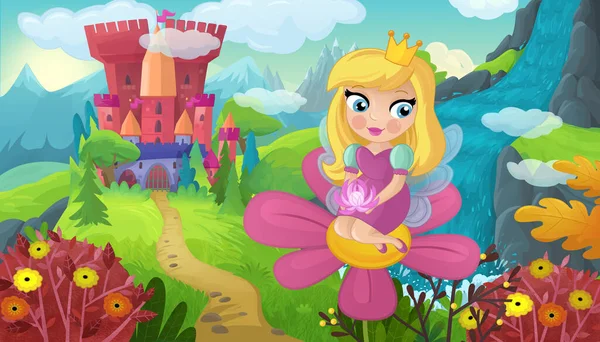 Cartoon Scene Met Natuur Bos Prinses Kasteel Illustratie Voor Kinderen — Stockfoto