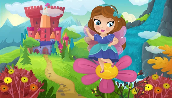 Cartoon Scene Met Natuur Bos Prinses Kasteel Illustratie Voor Kinderen — Stockfoto