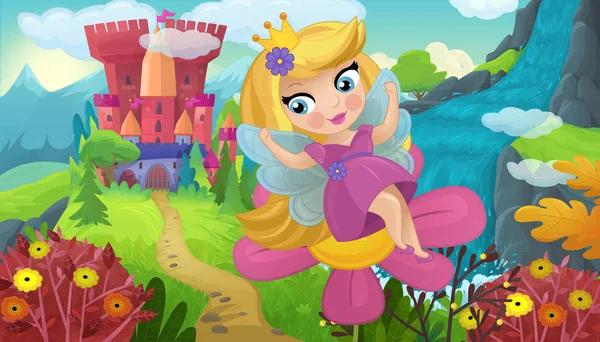 Cartoon Scene Met Natuur Bos Prinses Kasteel Illustratie Voor Kinderen — Stockfoto