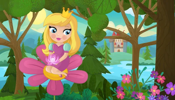 Scène Dessin Animé Avec Princesse Forêt Naturelle Illustration Château Pour — Photo