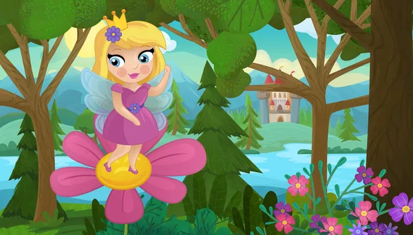 Cartoon Scene Met Natuur Bos Prinses Kasteel Illustratie Voor Kinderen — Stockfoto