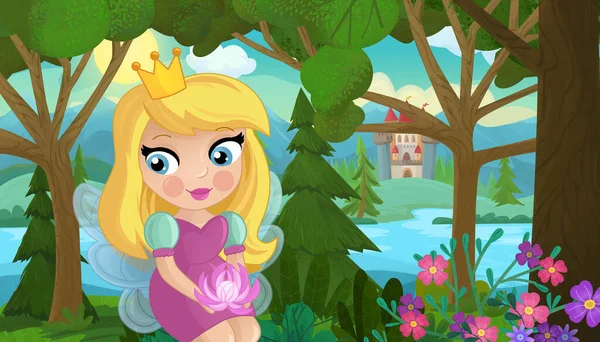 Cartoon Szene Mit Naturwaldprinzessin Und Burgillustration Für Kinder — Stockfoto