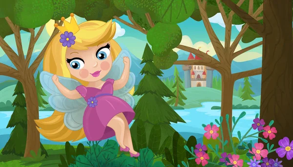 Scena Del Fumetto Con Natura Foresta Principessa Castello Illustrazione Bambini — Foto Stock