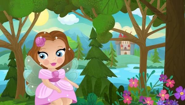 Scena Del Fumetto Con Natura Foresta Principessa Castello Illustrazione Bambini — Foto Stock