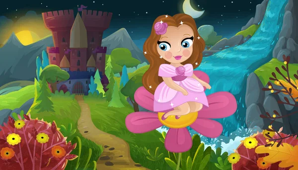 Cartoon Szene Mit Naturwaldprinzessin Und Burgillustration Für Kinder — Stockfoto