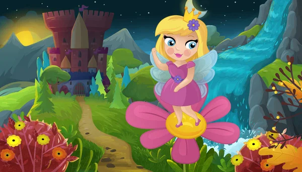 Cartoon Szene Mit Naturwaldprinzessin Und Burgillustration Für Kinder — Stockfoto