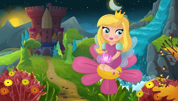 Cartoon Szene Mit Naturwaldprinzessin Und Burgillustration Für Kinder — Stockfoto