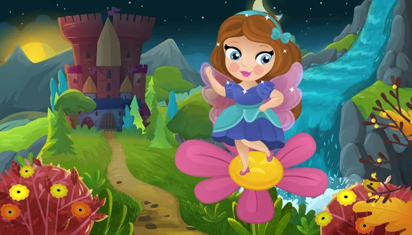 Cartoon Szene Mit Naturwaldprinzessin Und Burgillustration Für Kinder — Stockfoto