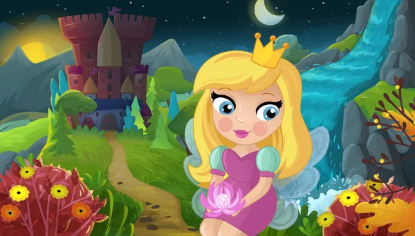 Cartoon Szene Mit Naturwaldprinzessin Und Burgillustration Für Kinder — Stockfoto