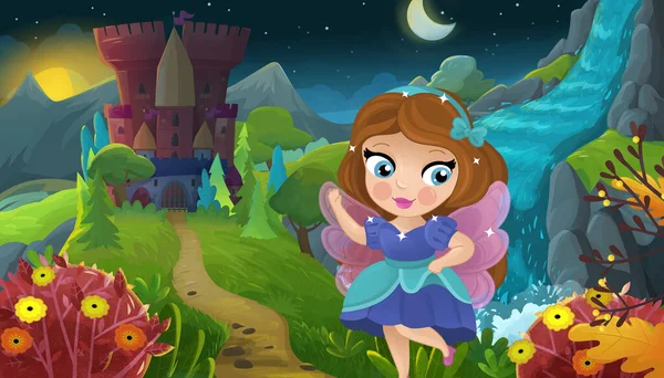 Cartoon Szene Mit Naturwaldprinzessin Und Burgillustration Für Kinder — Stockfoto