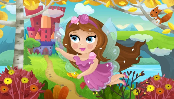 Cartoon Scene Nature Forest Princess Castle Illustration Children — Stock Photo, Image