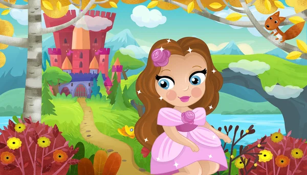 卡通片场景 自然森林公主和城堡儿童插图 — 图库照片