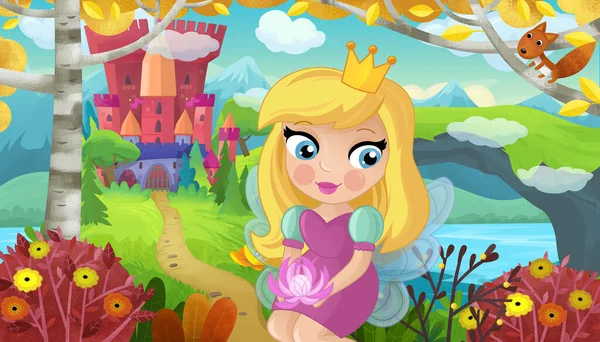 Cartoon Szene Mit Naturwaldprinzessin Und Burgillustration Für Kinder — Stockfoto