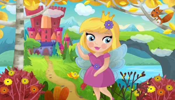 Cartoon Szene Mit Naturwaldprinzessin Und Burgillustration Für Kinder — Stockfoto