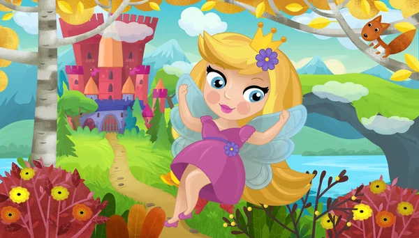 Cartoon Szene Mit Naturwaldprinzessin Und Burgillustration Für Kinder — Stockfoto