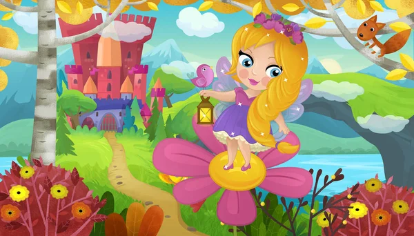 Cartoon Scene Met Natuur Bos Prinses Kasteel Illustratie Voor Kinderen — Stockfoto