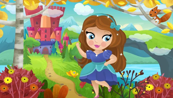 Cartoon Scene Nature Forest Princess Castle Illustration Children — 图库照片