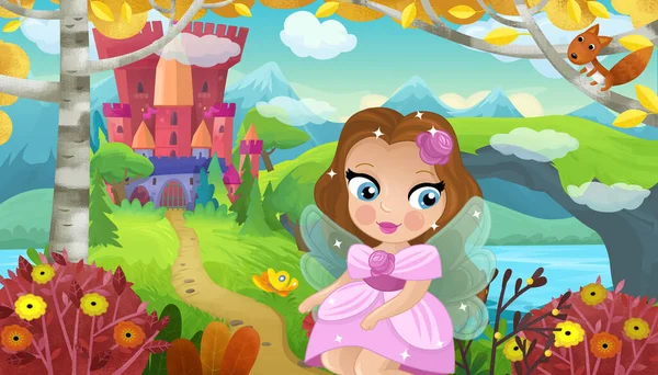 Cartoon Scene Nature Forest Princess Castle Illustration Children — Stock Photo, Image