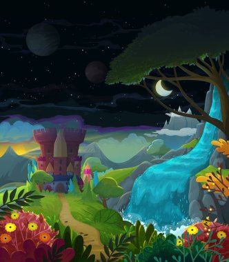 Çocuklar için doğa ormanı ve kale çizimleri olan karikatür sahnesi