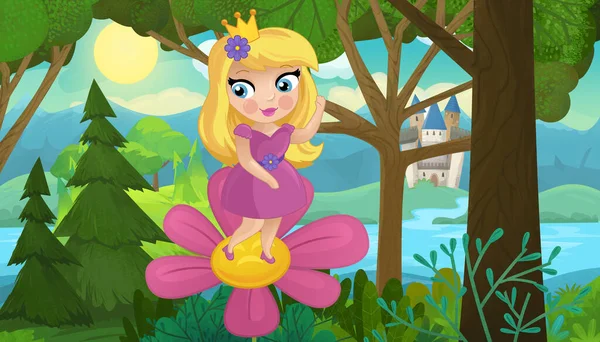 Cartoon Scene Met Natuur Bos Prinses Kasteel Illustratie Voor Kinderen — Stockfoto